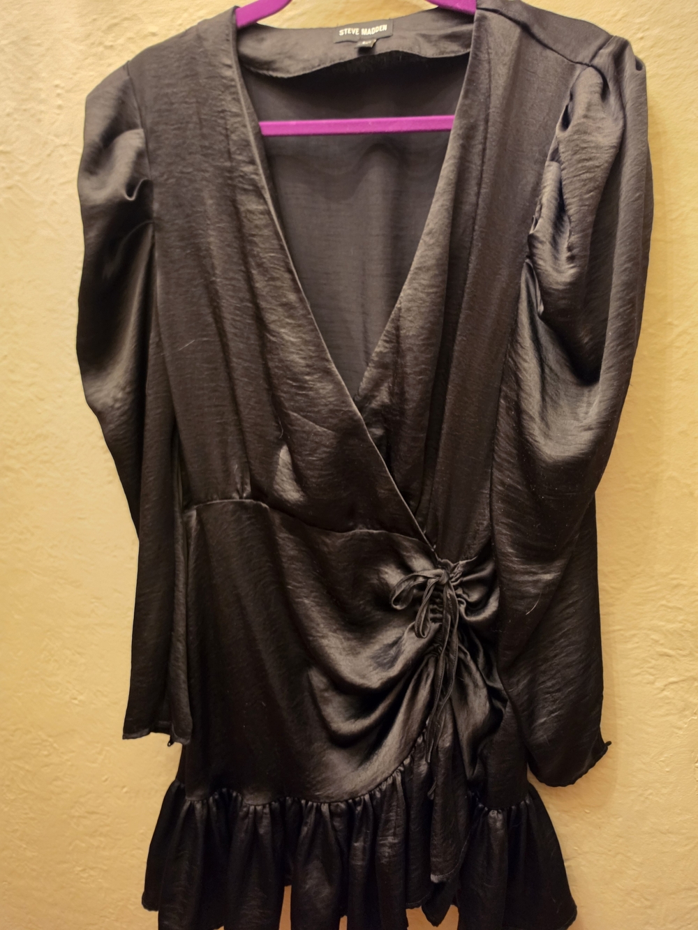 Steve Madden Black Satin Faux Wrap Ruched Mini Dress Ruffle Hem L - Picture 6 of 14